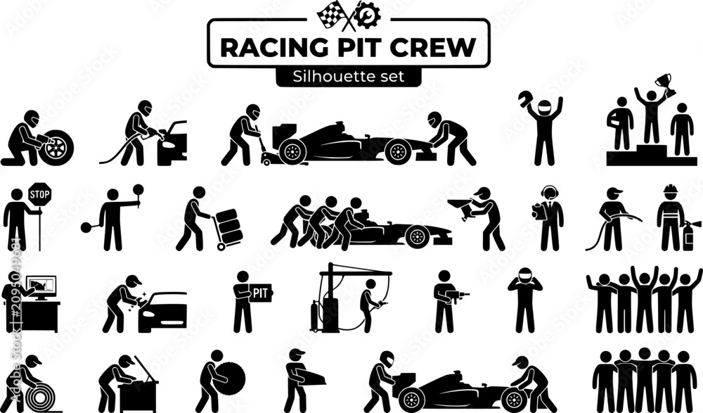Fototapeta premium Racing Driver Pit Crew Silhouette Set Black White Motorsport Bundle Vector Illustration Isolated White Background