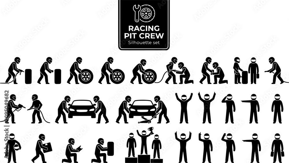 Fototapeta premium Racing Driver Pit Crew Silhouette Set Black White Motorsport Bundle Vector Illustration Isolated White Background