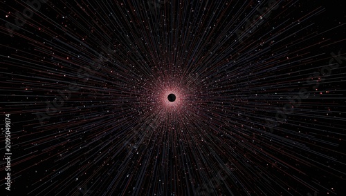 Stars and Light Rays Move Toward a Black Hole in Deep Space Seen From Various...