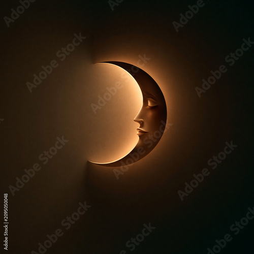 Minimalist illustration of a crescent moon containing a softly closed or half-open eye, warm amber glow, soft shadows, clean dark background, high contrast, serene atmosphere