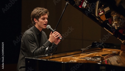 Young Man Sings at Piano During Concert in Evening Performance