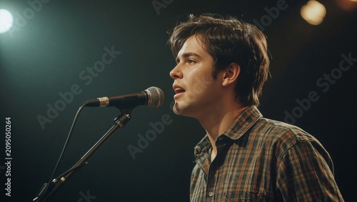 Young Man Sings on Stage During Concert at Night With Spotlight Over Him