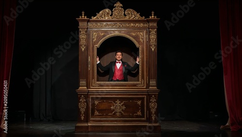 Magician Performs on Stage in a Large, Ornate Wooden Frame During a Show at a...