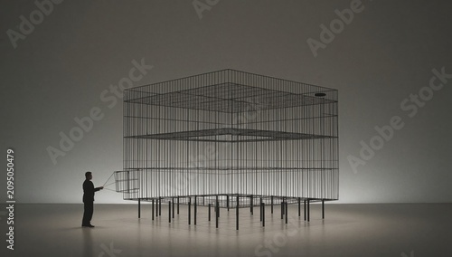 Art Installation Shows a Man Interacting With a Wire Structure in a Gallery a...