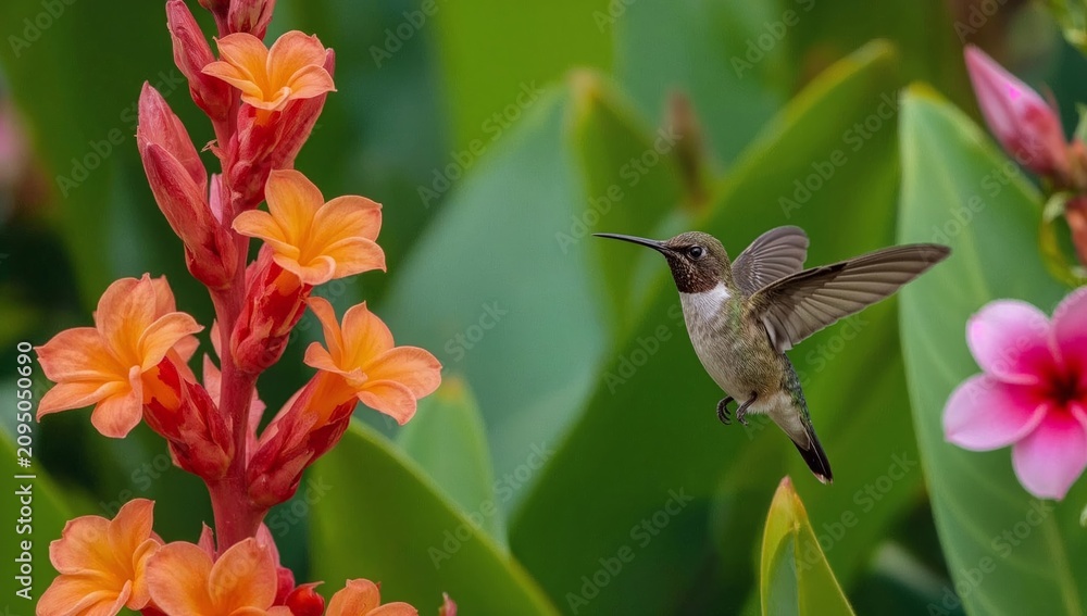 Fototapeta premium Bird Hovers Near Pink and Yellow Flowers in a Garden During the Day