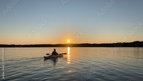 Kayaker Moves on Water as Sun Sets Over the Horizon Near Wooded Area