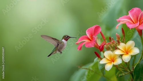 Bird Hovers Near Pink and Yellow Flowers in a Garden During the Day