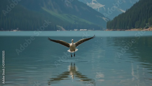 Bird is Flying Over a Lake With Mountains and Trees in the Background During ...