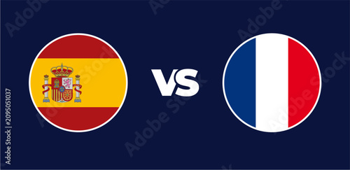 Spain vs France national flags in circle format, circular flag icons, vector illustration of rivalry concept