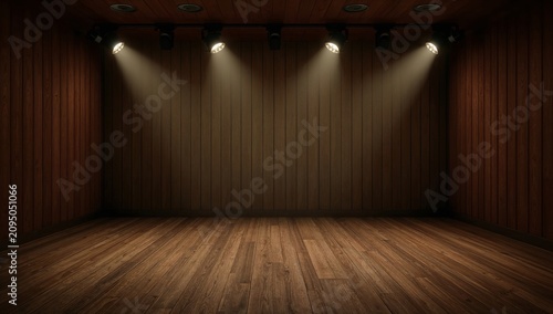 Stage Area With Wooden Floor and Spotlights Shining in a Warm Light
