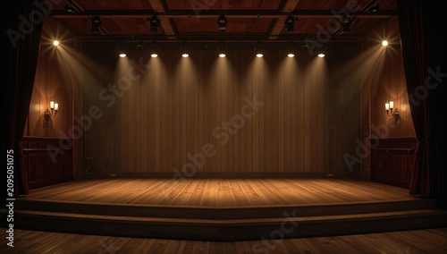 Stage Area With Wooden Floor and Spotlights Shining in a Warm Light