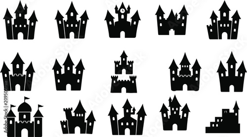 Quadro su tela black silhouettes of various medieval castles on white background for design