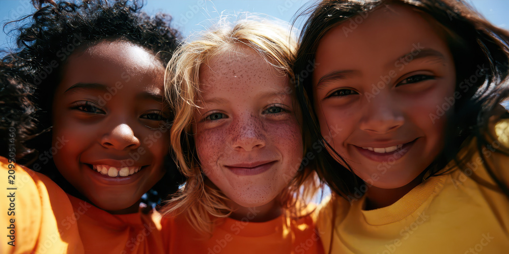 Obraz premium Three Smiling Children in Bright Shirts Under Blue Sky, Perfect for Family and Joyful Campaigns.
