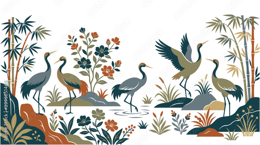 Obraz premium Oriental landscape painting with cranes bamboo flowers.