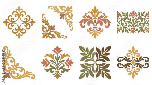 Tablou pe pânză Set of decorative floral corners and ornamental motifs.