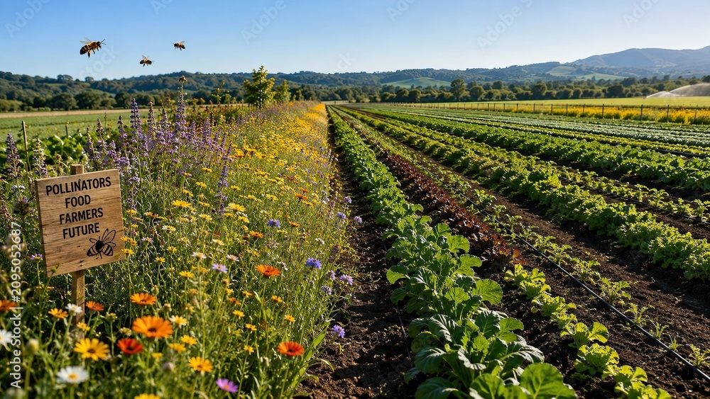 Obraz premium Pollinator strips bordering a productive vegetable field