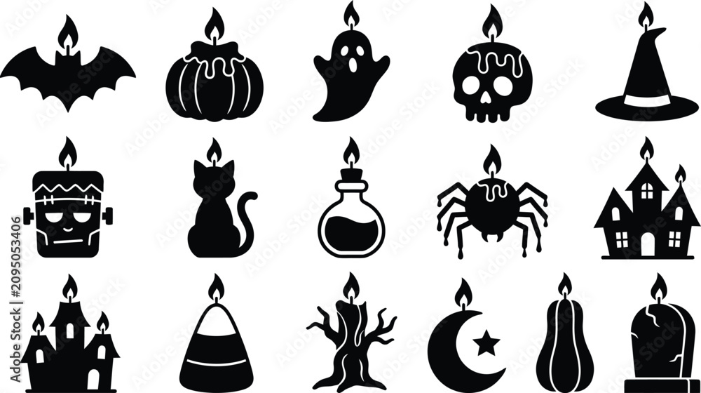Fototapeta premium Halloween icons set with black silhouettes of spooky symbols and objects on white background