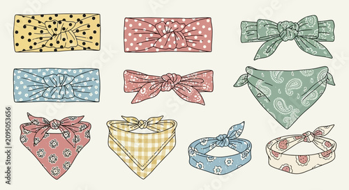 Bild auf Leinwand A collection of colorful headbands and bandanas with various patterns like polka dots, paisley, floral, and plaid, tied in different styles