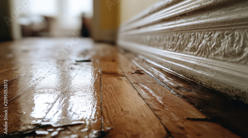 Flooded hardwood floor with muddy water, debris, and reflective surface in a bright room.