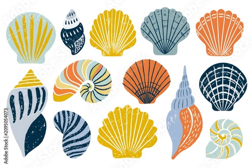 Abstract mid century modern seashell illustration series bold geometric patterns and stripes. Textured block print stamp details hand made aesthetic. Isolated clip art.