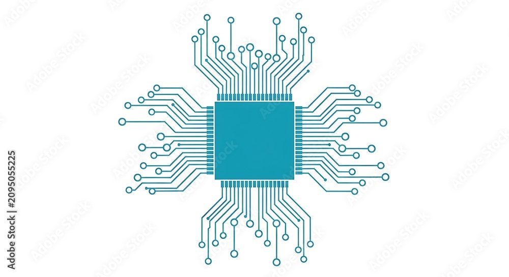 Fototapeta premium Minimalist blue computer chip icon with circuit board lines representing technology and hardware.
