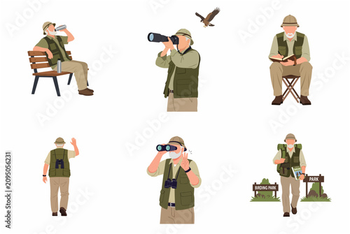 Senior man birdwatcher character set, elderly birder with binoculars and camera observing wildlife in nature park flat vector illustration.