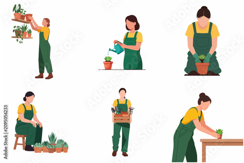 Woman Gardener Character Set in Flat Design, Female Florist Caring for Plants and Succulents