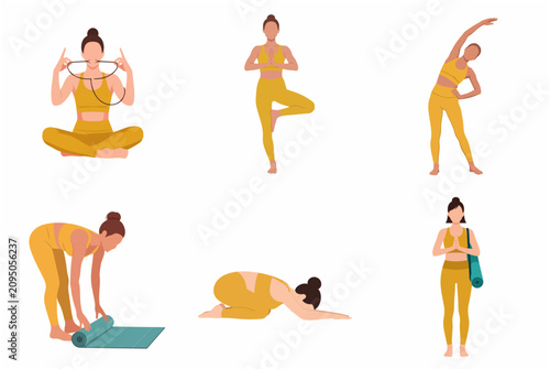 Set of flat vector illustrations of a woman practicing various yoga poses, stretching, and preparing her mat, isolated on a white background for health and wellness concepts.