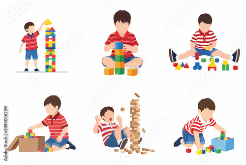 Set of little boy characters playing with colorful building blocks and wooden tower game, child educational activities vector illustration