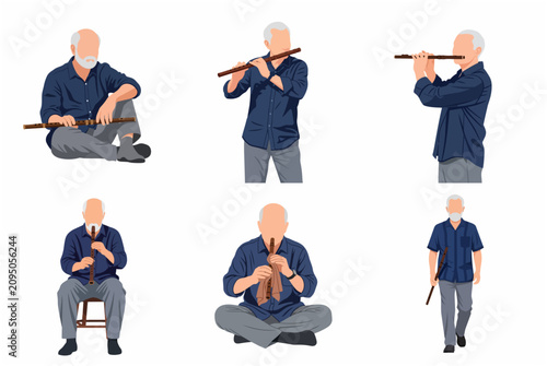 Set of minimalist flat vector illustrations of a senior man playing the flute in various poses isolated on white background