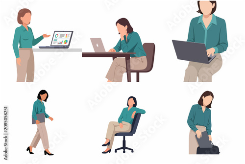 Set of flat business woman illustrations working with laptop, presenting data, walking, and sitting in office environment