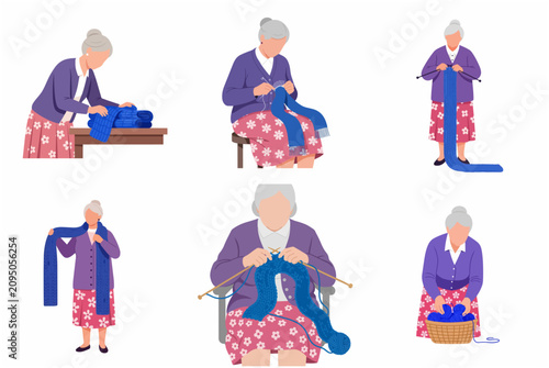 Flat vector illustration set of an elderly grandmother engaged in various knitting activities, crafting a blue scarf, and handling yarn balls.