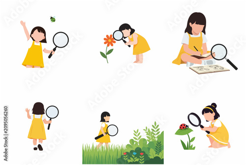Curious little girl exploring nature with magnifying glass vector set, child observing insects and plants in garden illustration