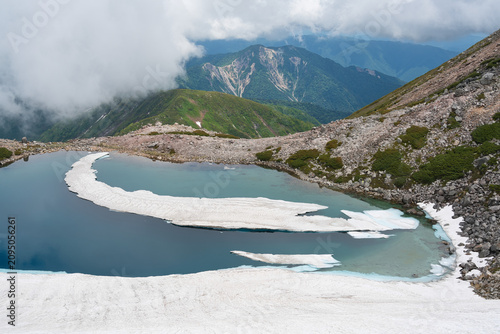 山中の澄んだ氷が溶ける湖