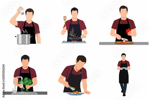 Set of various poses of a man cooking, preparing food, washing vegetables, and serving a meal. Flat vector illustration isolated on white background.