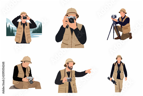Flat vector character set of professional photographers in safari outfits using cameras and tripods for nature and wildlife photography.