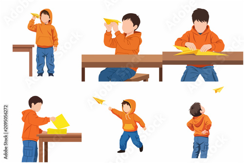 Creative boy character set making and playing with yellow paper airplanes, origami hobby vector illustration