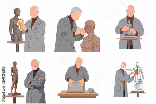 Collection of Flat Vector Illustrations of a Senior Male Sculptor Working on Human Anatomy Clay Sculptures