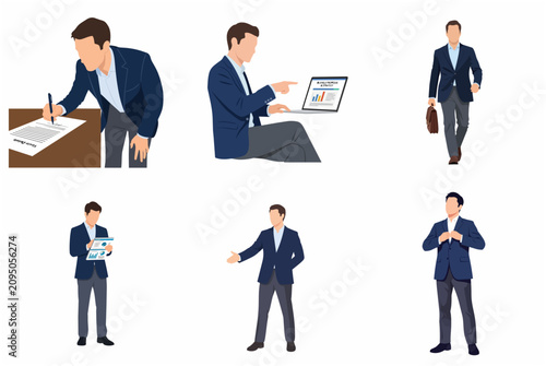Set of businessman characters in various professional poses flat vector illustration