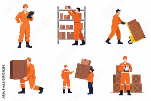 Warehouse Logistics Workers in Orange Uniforms Carrying Boxes and Managing Inventory Vector Illustration