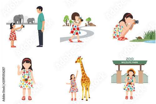 Little girl exploring zoo and wildlife park taking pictures of animals illustration set