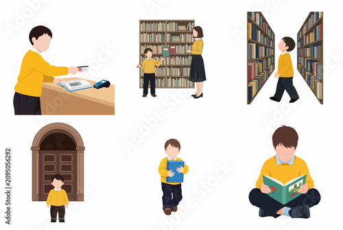 Little boy library activities vector illustration set featuring reading, borrowing books, and browsing bookshelves in a school or public library.