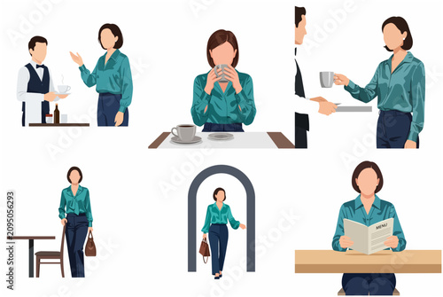 Set of flat vector illustrations featuring an elegant woman at a restaurant, drinking coffee, interacting with a waiter, and reading a menu.