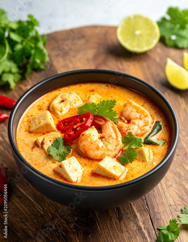A bowl of spicy laksa soup with shrimp and tofu puffs is garnished with fresh herbs and sliced red chilies.