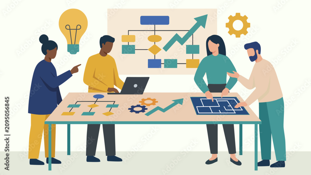 Fototapeta premium Flat vector illustration of coworkers planning projects around a shared workspace, symbolizing teamwork, creative thinking, communication, and successful project management.