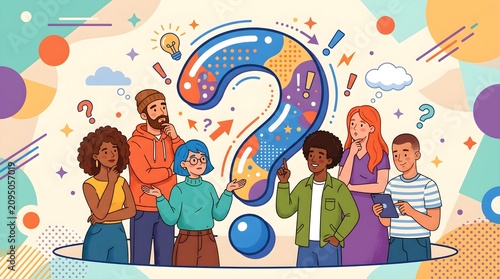 Diverse Group of People Thinking Around Giant Question Mark: FAQ, Problem Solving, and Curiosity Concept Illustration