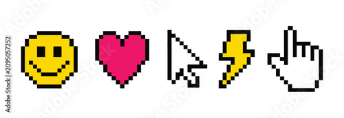 Pixel emoji and cursor icon set, retro smiley heart pointer lightning and hand symbols for gaming, messaging and digital interface design.