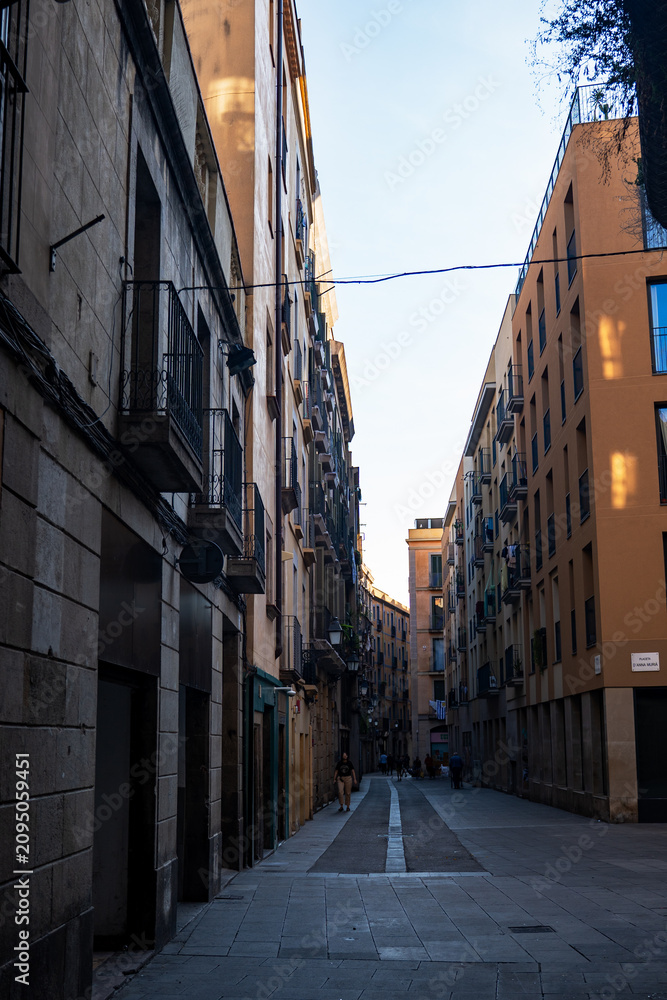 Naklejka premium Epic narrow empty old town street vertical panorama historic buildings with balconies.