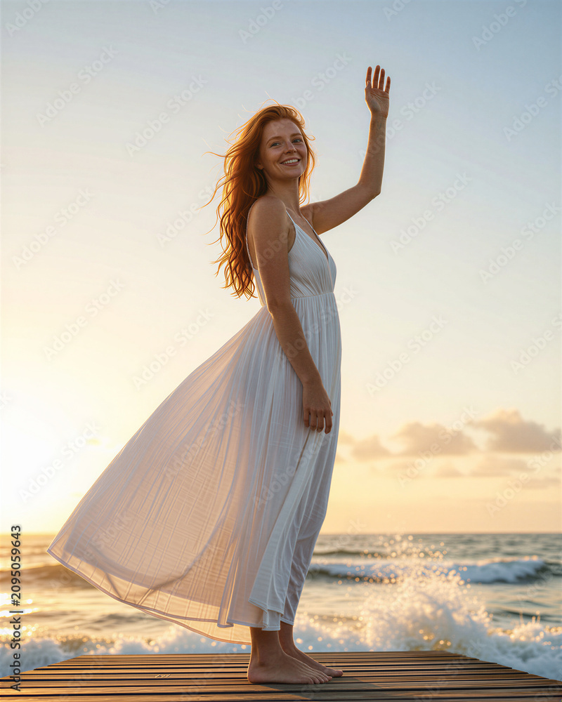 Fototapeta premium A woman with long, wavy red hair wearing a white flowing dress stands on a wooden pier at sunset, raising her right hand and smiling, with waves crashing behind her.