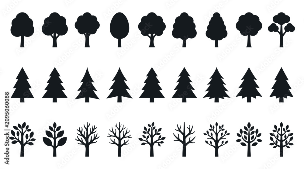 Fototapeta premium Set of black tree silhouettes collection of different forest trees, conifers, deciduous trees, and leafless trees for design elements